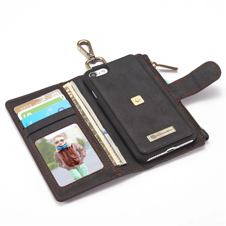 CASEME for iPhone 8 / 7 Metal Clip Wallet Retro Split Leather Cover + Detachable Inner Case - Black
