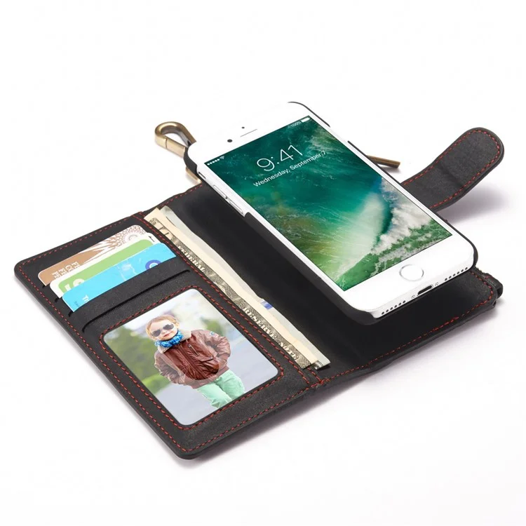 CASEME for iPhone 8 / 7 Metal Clip Wallet Retro Split Leather Cover + Detachable Inner Case - Black