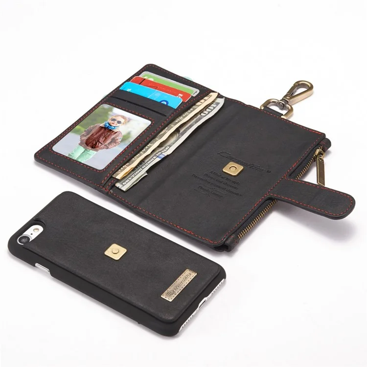 CASEME for iPhone 8 / 7 Metal Clip Wallet Retro Split Leather Cover + Detachable Inner Case - Black