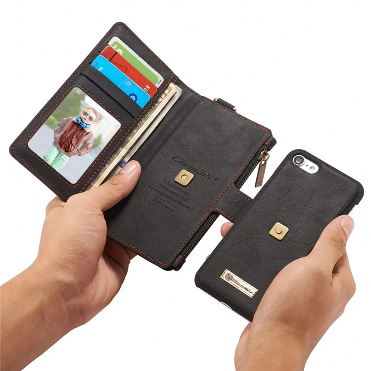 CASEME for iPhone 8 / 7 Metal Clip Wallet Retro Split Leather Cover + Detachable Inner Case - Black