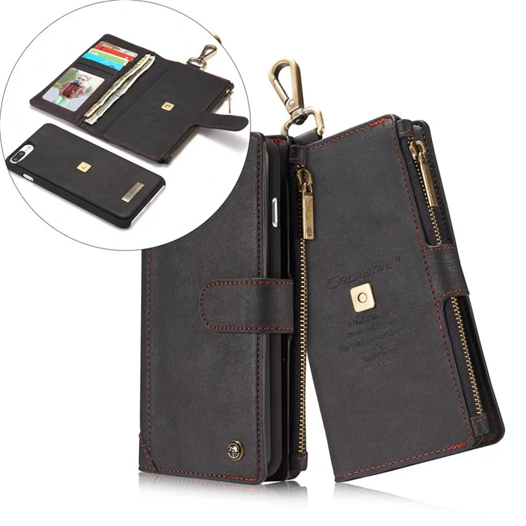 CASEME for iPhone 8 Plus / 7 Plus Detachable 2-in-1 Metal Clip Wallet Retro Split Leather Case - Black