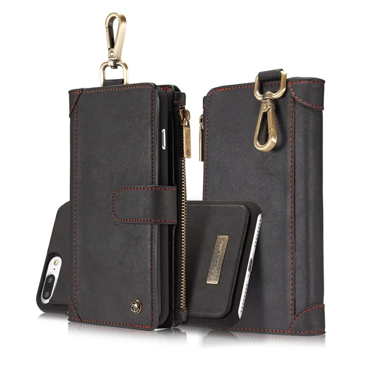 CASEME for iPhone 8 Plus / 7 Plus Detachable 2-in-1 Metal Clip Wallet Retro Split Leather Case - Black