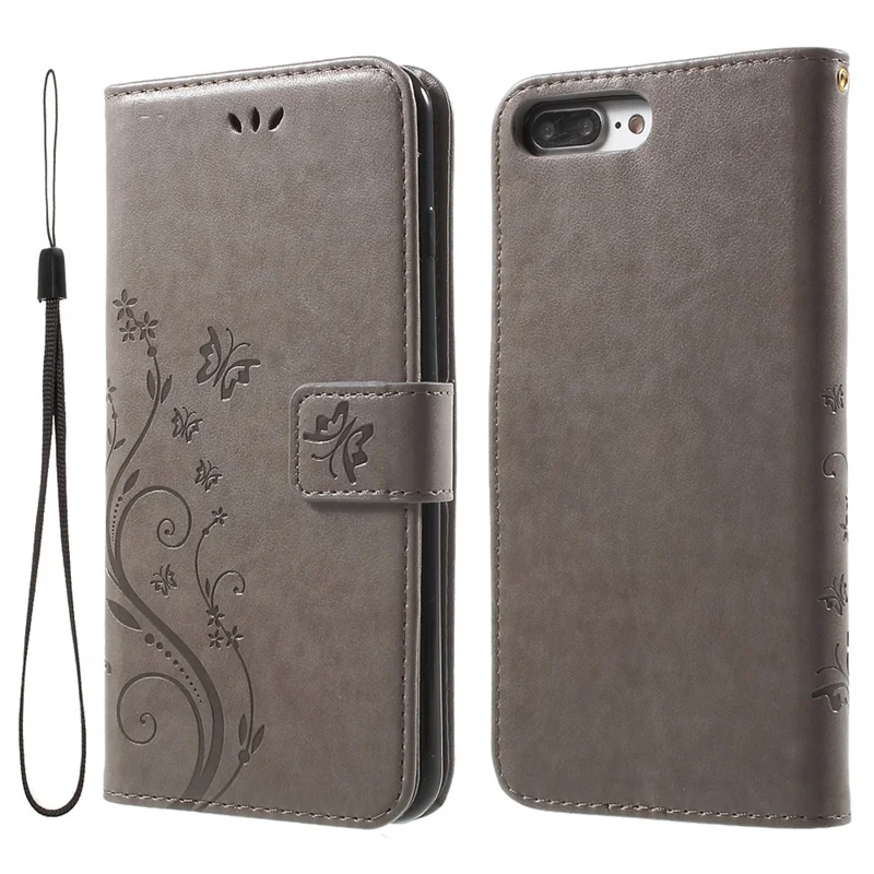 Imprinted Butterfly Leather Wallet Cover with Wrist Strap for iPhone 8 Plus / 7 Plus 5.5 inch - Grey