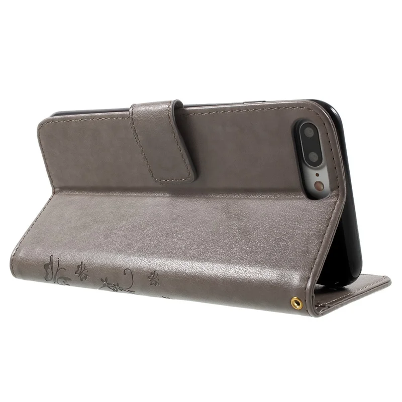 Imprinted Butterfly Leather Wallet Cover with Wrist Strap for iPhone 8 Plus / 7 Plus 5.5 inch - Grey