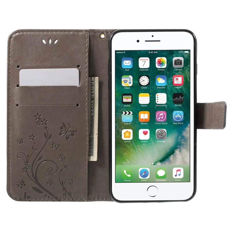 Imprinted Butterfly Leather Wallet Cover with Wrist Strap for iPhone 8 Plus / 7 Plus 5.5 inch - Grey