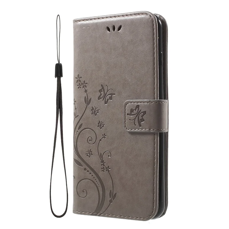 Imprinted Butterfly Leather Wallet Cover with Wrist Strap for iPhone 8 Plus / 7 Plus 5.5 inch - Grey
