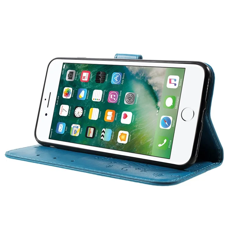 Imprinted Butterfly Leather Wallet Cover with Wrist Strap for iPhone 8 Plus / 7 Plus 5.5 inch - Blue