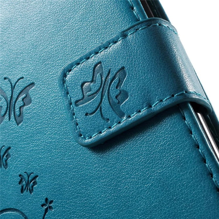 Imprinted Butterfly Leather Wallet Cover with Wrist Strap for iPhone 8 Plus / 7 Plus 5.5 inch - Blue