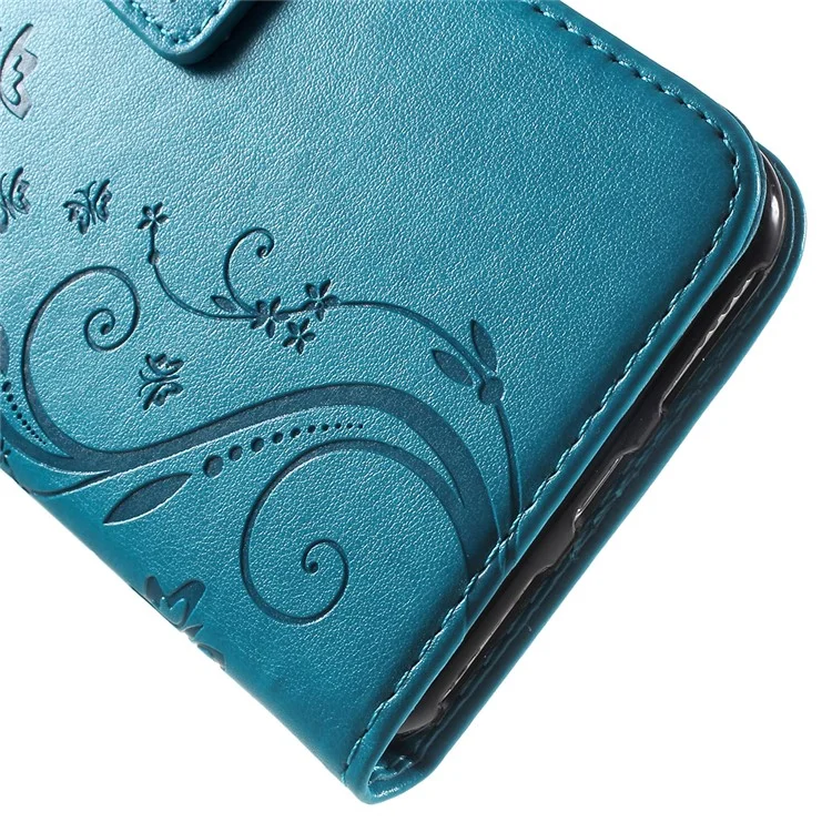 Imprinted Butterfly Leather Wallet Cover with Wrist Strap for iPhone 8 Plus / 7 Plus 5.5 inch - Blue