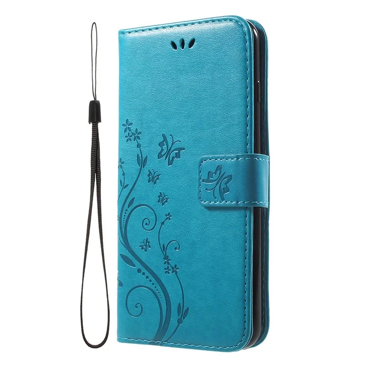 Imprinted Butterfly Leather Wallet Cover with Wrist Strap for iPhone 8 Plus / 7 Plus 5.5 inch - Blue