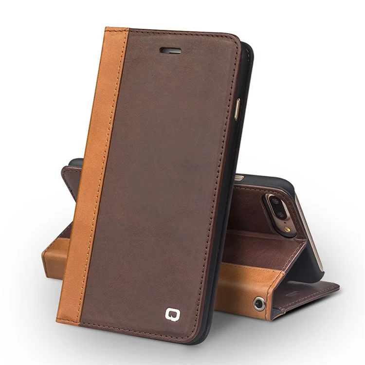 QIALINO Wallet Stand Genuine Cowhide Leather Case for iPhone 8 Plus / 7 Plus - Dark Brown