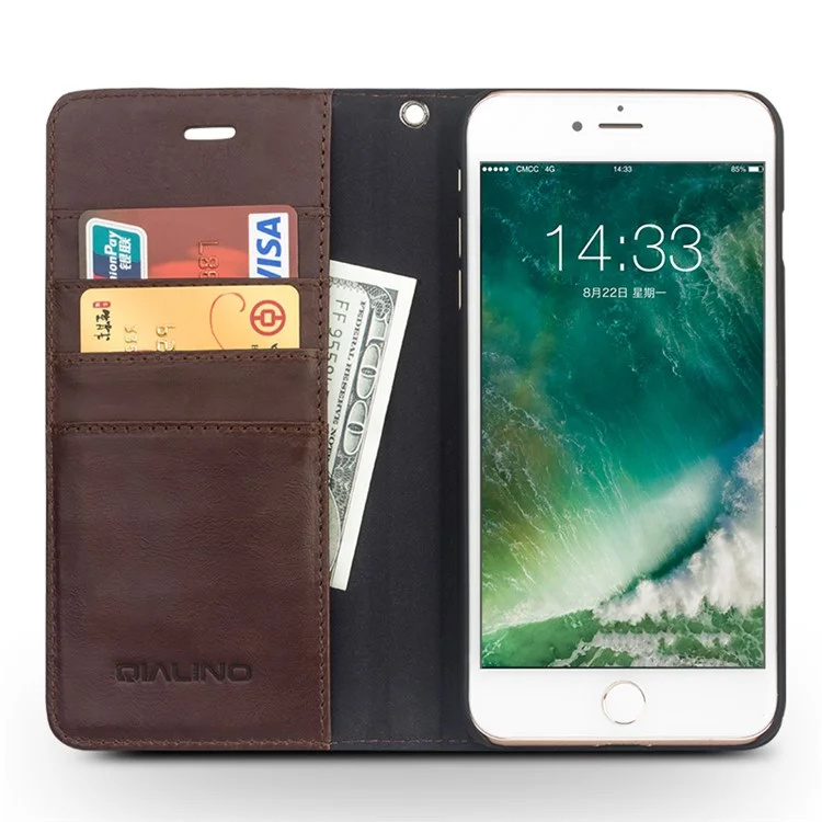 QIALINO Wallet Stand Genuine Cowhide Leather Case for iPhone 8 Plus / 7 Plus - Dark Brown