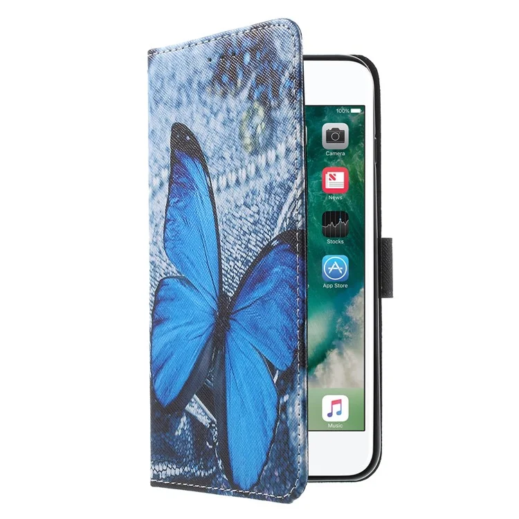 Callfree Wallet Stand Leather Case for iPhone 8 Plus / 7 Plus - Blue Butterfly