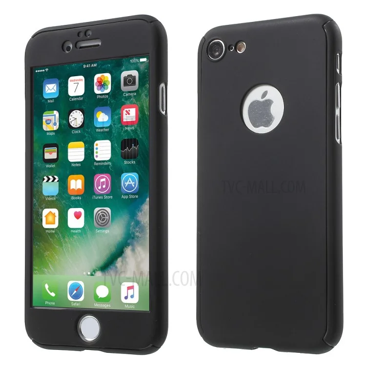 Protección Completa Case Duro de Plástico Para Iphone SE (2020)/SE (2022)/8/7 4.7 Pulgadas+ Película Protector de Pantalla de Vidrio Templado - Negro