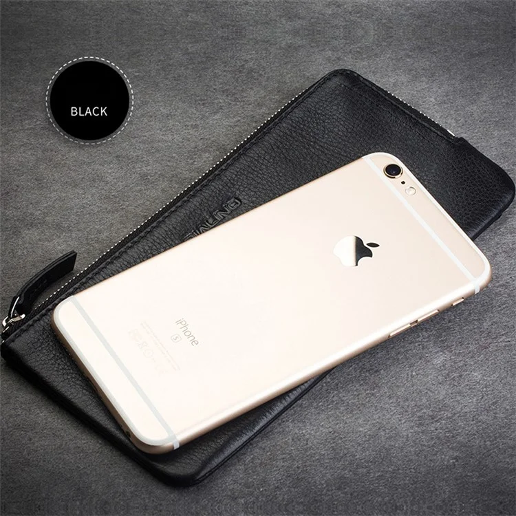 QIALINO Litchi Texture Universal Genuine Leather Wallet Pouch Case for iPhone 8 Plus / 7 Plus/6s Plus Etc, Size: 210 x 100mm - Black