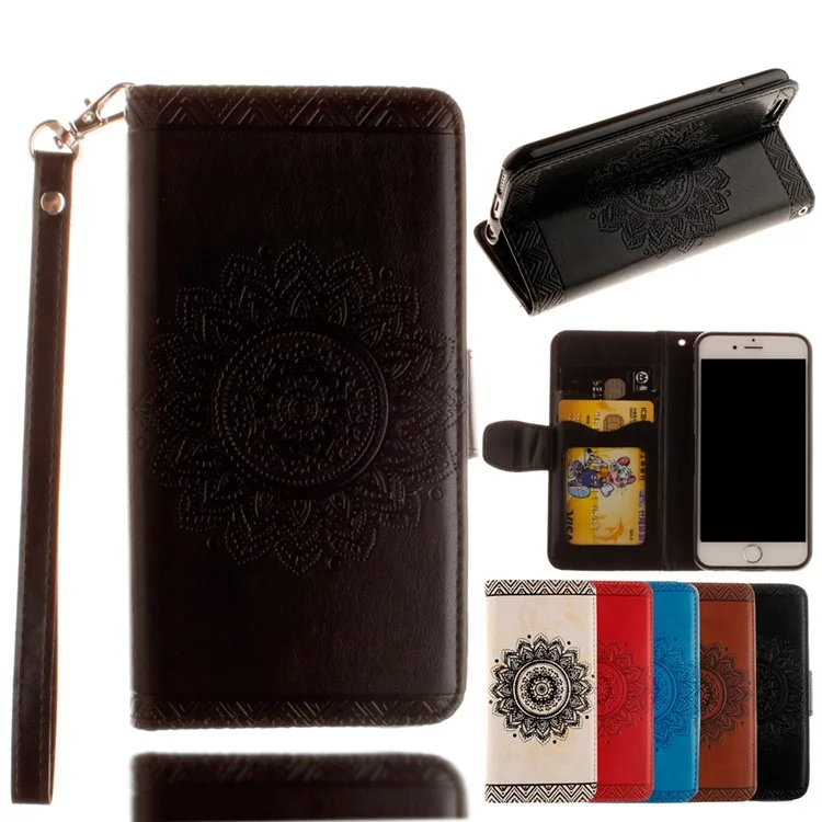 Imprint Mandala Flower Leather Wallet Case for iPhone 8 Plus / 7 Plus - Black