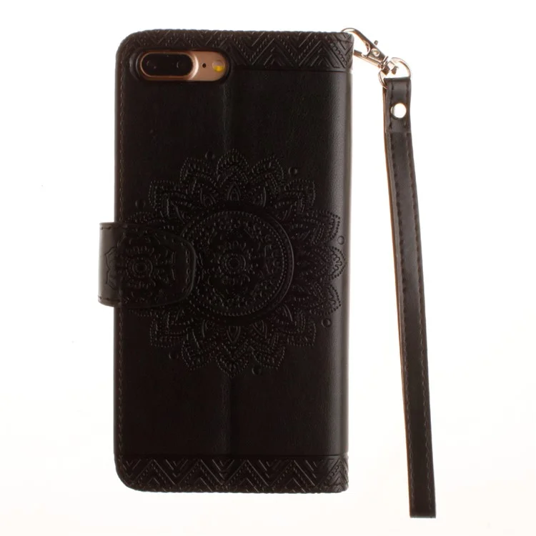Imprint Mandala Flower Leather Wallet Case for iPhone 8 Plus / 7 Plus - Black