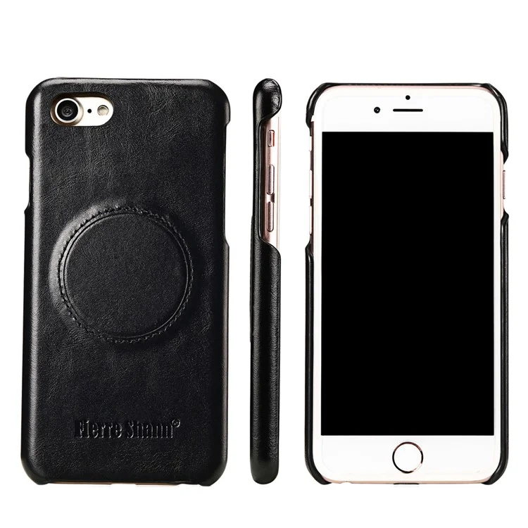 FIERRE SHANN Phone Case for iPhone 8 / 7 4.7 Top-layer Cowhide Leather Coated PC Mobile Cover - Black