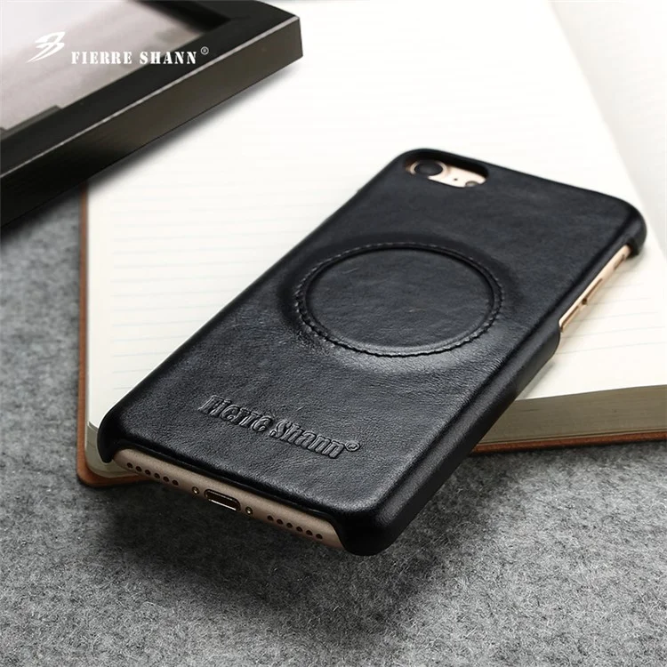 FIERRE SHANN Phone Case for iPhone 8 / 7 4.7 Top-layer Cowhide Leather Coated PC Mobile Cover - Black