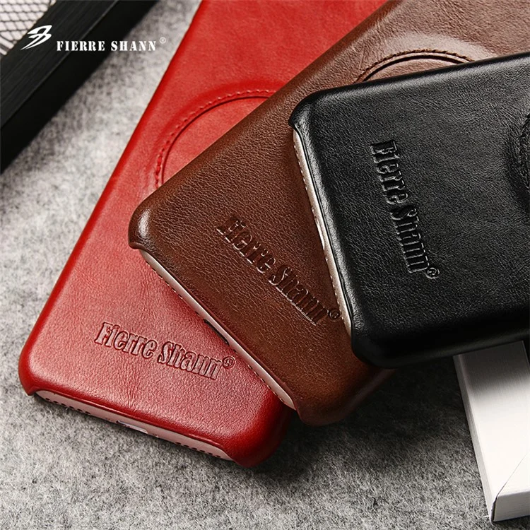 FIERRE SHANN Phone Case for iPhone 8 / 7 4.7 Top-layer Cowhide Leather Coated PC Mobile Cover - Black