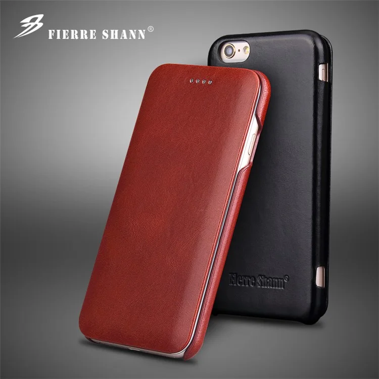 FIERRE SHANN Full Grain Genuine Leather Flip Case for iPhone 6s/6 4.7 Inch - Black