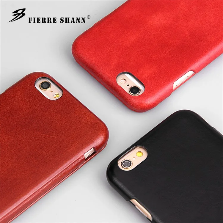 FIERRE SHANN Full Grain Genuine Leather Flip Case for iPhone 6s/6 4.7 Inch - Black
