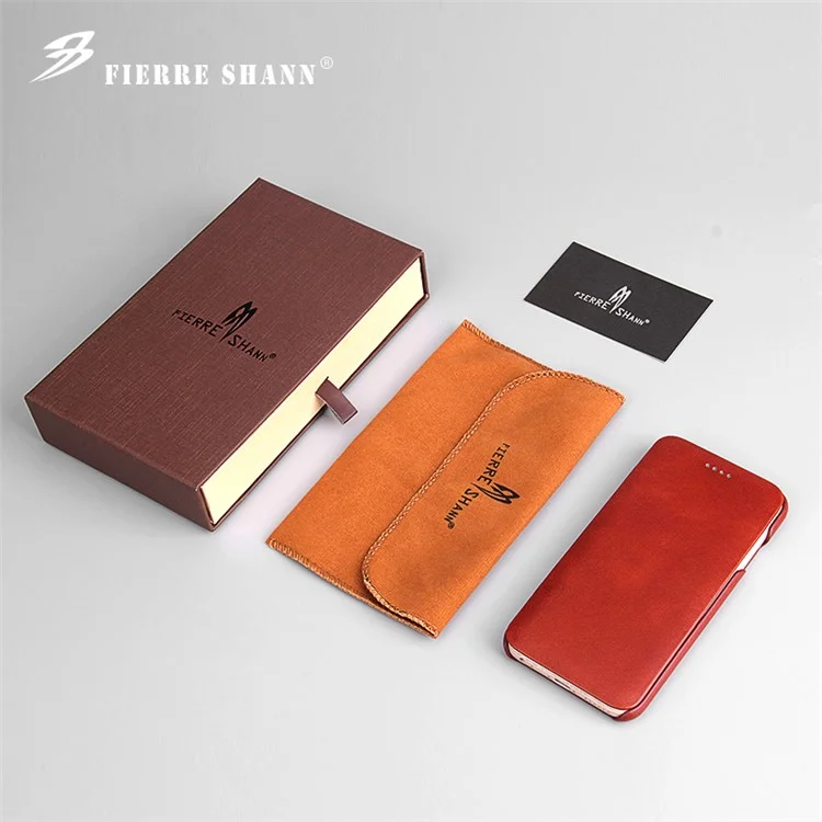 FIERRE SHANN Full Grain Genuine Leather Flip Case for iPhone 6s/6 4.7 Inch - Black