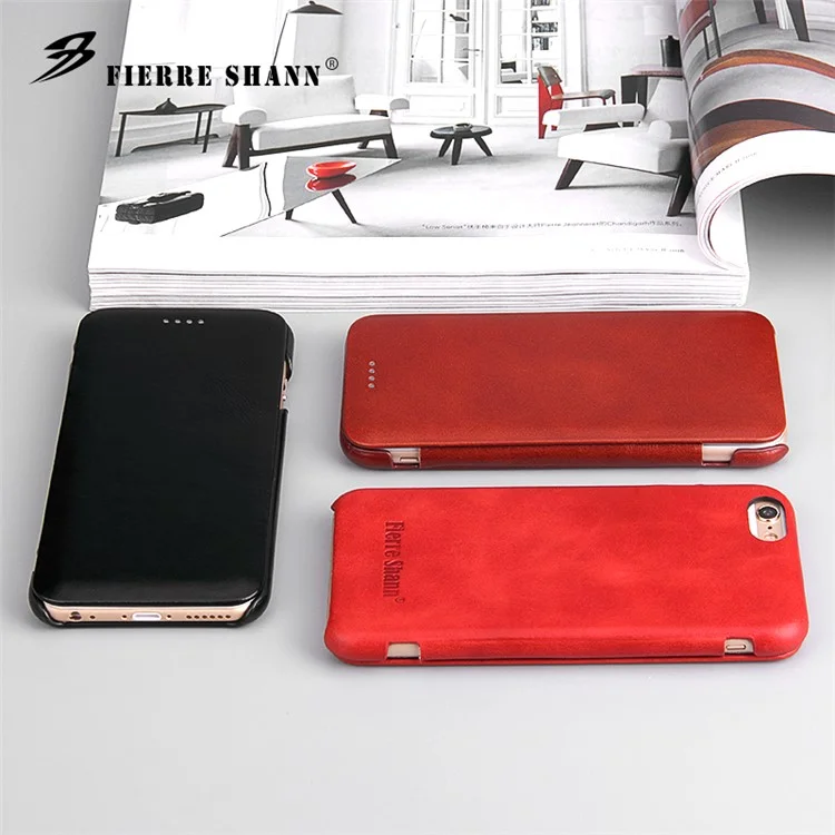 FIERRE SHANN Full Grain Genuine Leather Magnetic Flip Case for iPhone 6s Plus/6 Plus - Red