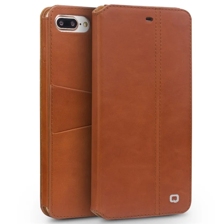 QIALINO para iPhone 8 Plus / 7 Plus Funda de piel de vaca tipo folio retro con ranuras para tarjetas - Marrón