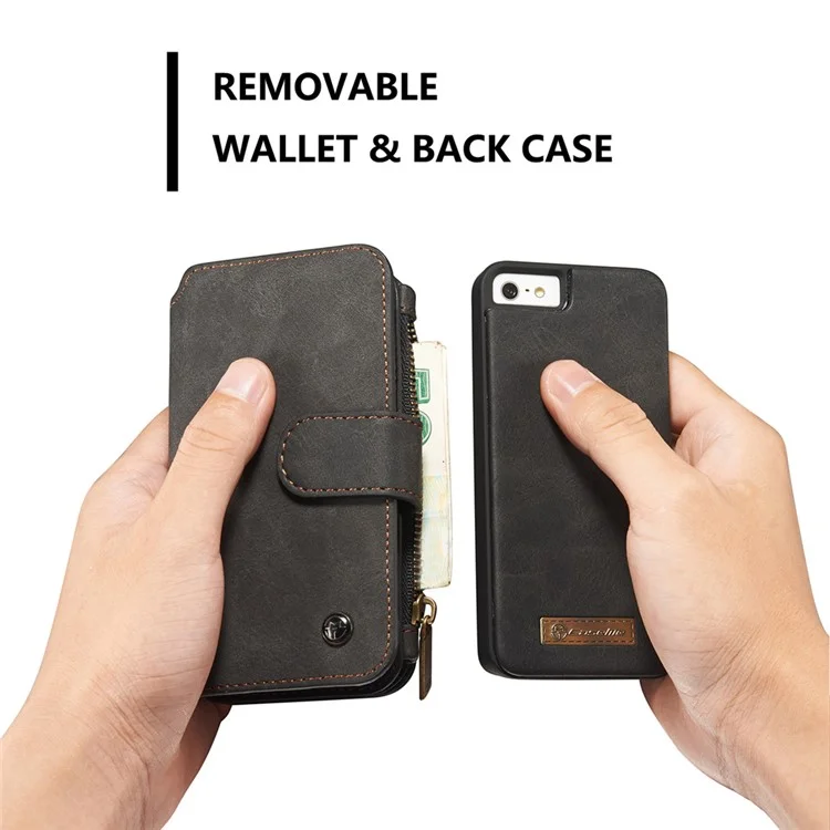 CASEME Multifunctional 2-in-1 Zipper Wallet Split Leather Case for iPhone SE 5s 5 - Black
