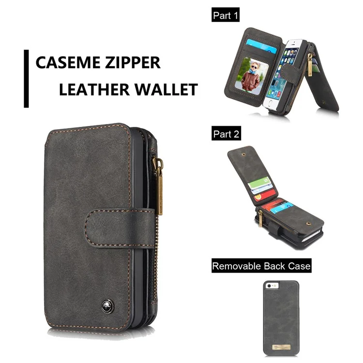 CASEME Multifunctional 2-in-1 Zipper Wallet Split Leather Case for iPhone SE 5s 5 - Black