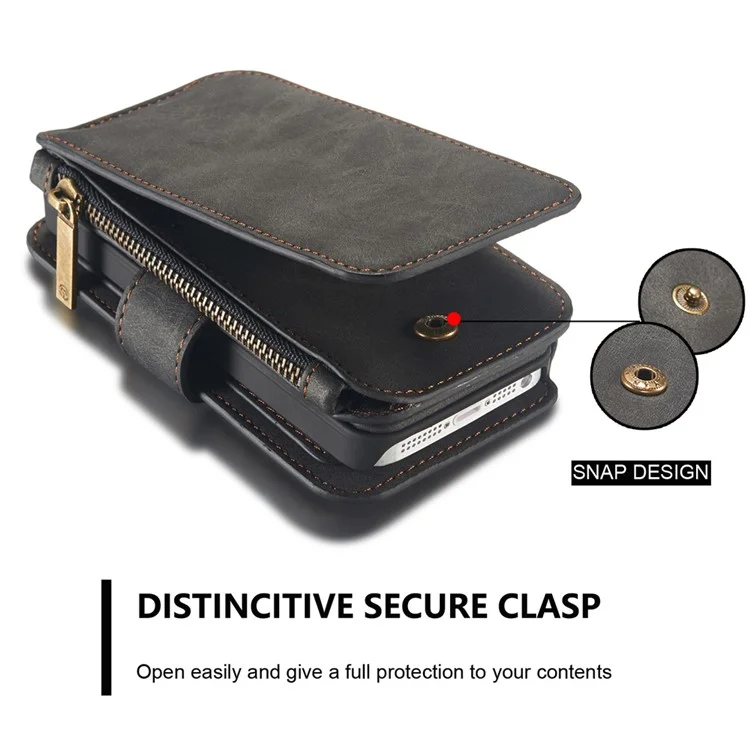CASEME Multifunctional 2-in-1 Zipper Wallet Split Leather Case for iPhone SE 5s 5 - Black