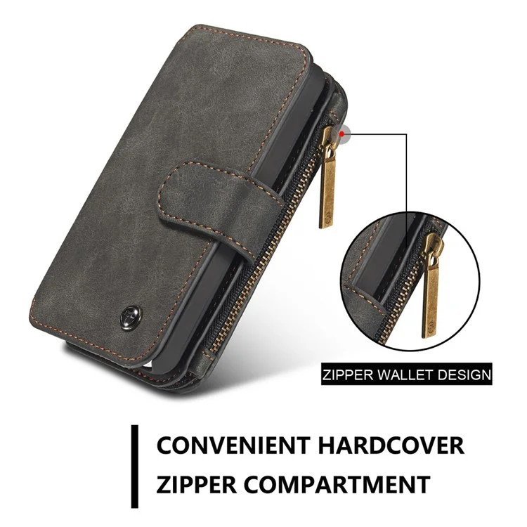 CASEME Multifunctional 2-in-1 Zipper Wallet Split Leather Case for iPhone SE 5s 5 - Black
