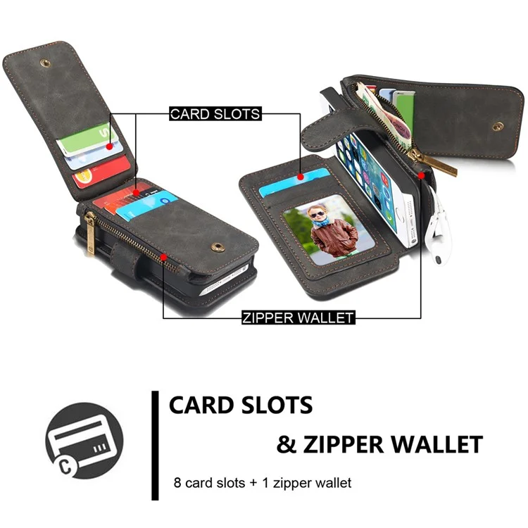 CASEME Multifunctional 2-in-1 Zipper Wallet Split Leather Case for iPhone SE 5s 5 - Black