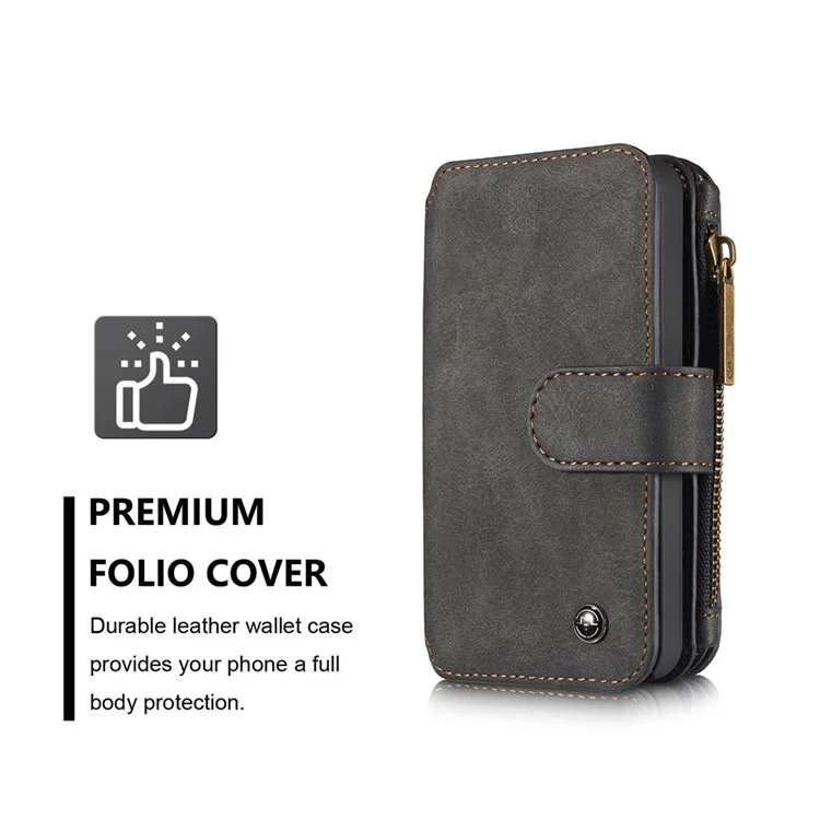 CASEME Multifunctional 2-in-1 Zipper Wallet Split Leather Case for iPhone SE 5s 5 - Black