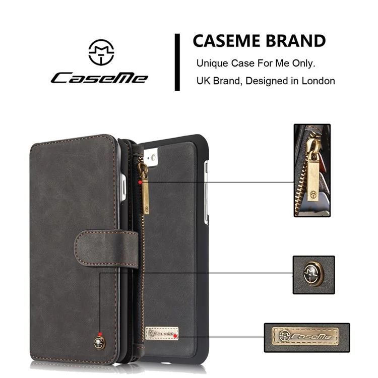CASEME for iPhone 8 Plus / 7 2-In-1 Multi-slot Split Leather Wallet Magnetic Case with Detachable Inner Cover - Black