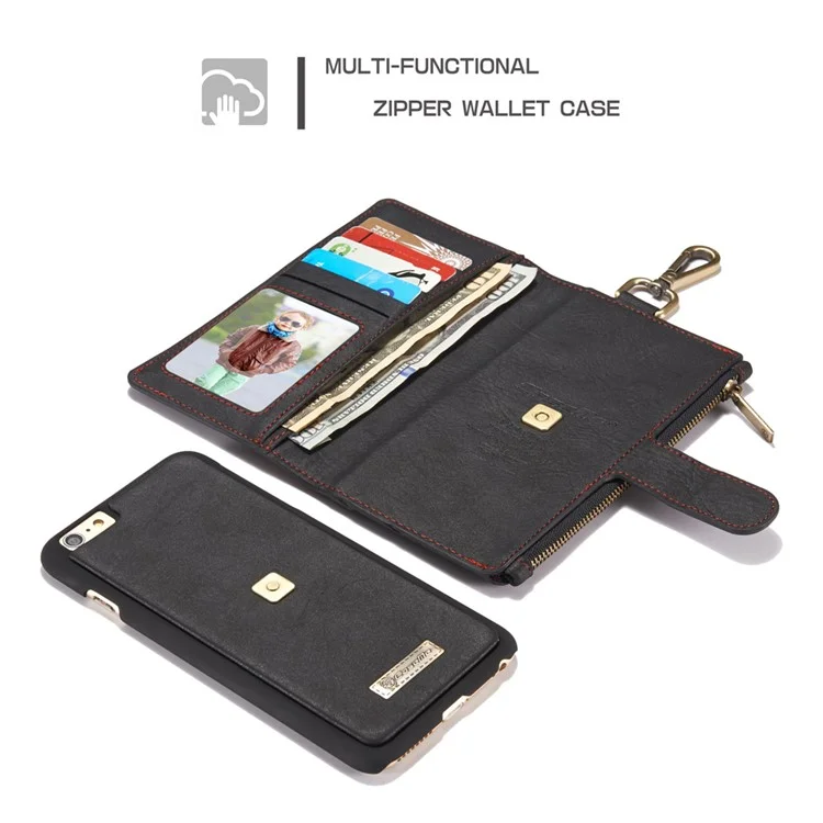 CASEME Multifunctional Zipper Wallet Split Leather Case with Carabiner for iPhone 6s Plus/6 Plus - Black