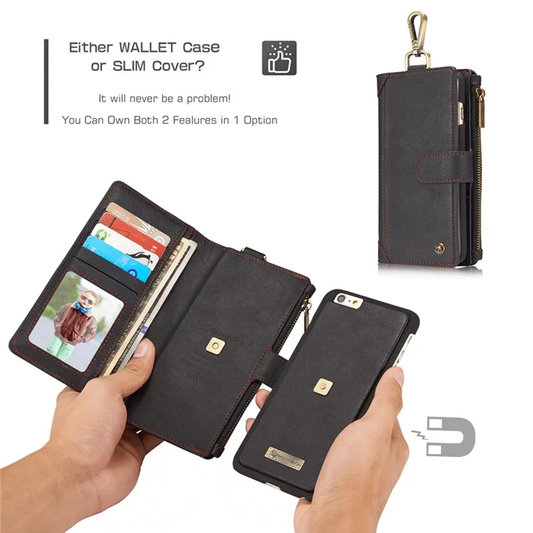 CASEME Multifunctional Zipper Wallet Split Leather Case with Carabiner for iPhone 6s Plus/6 Plus - Black
