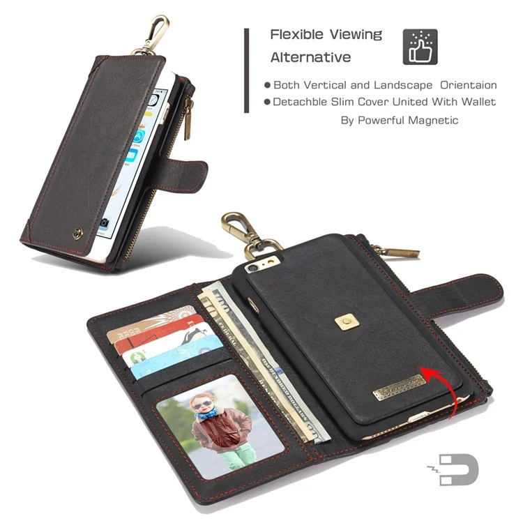 CASEME Multifunctional Zipper Wallet Split Leather Case with Carabiner for iPhone 6s Plus/6 Plus - Black