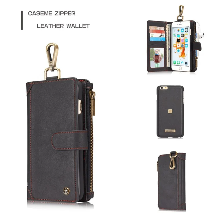 CASEME Multifunctional Zipper Wallet Split Leather Case with Carabiner for iPhone 6s Plus/6 Plus - Black