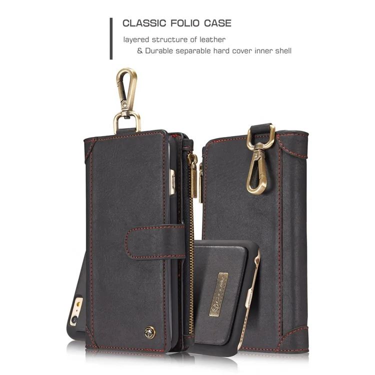 CASEME Multifunctional Zipper Wallet Split Leather Case with Carabiner for iPhone 6s Plus/6 Plus - Black