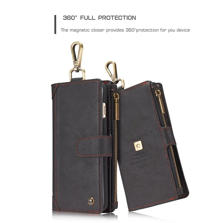 CASEME Multifunctional Zipper Wallet Split Leather Case with Carabiner for iPhone 6s Plus/6 Plus - Black