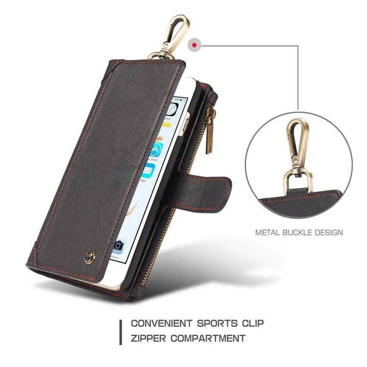 CASEME Multifunctional Zipper Wallet Split Leather Case with Carabiner for iPhone 6s Plus/6 Plus - Black