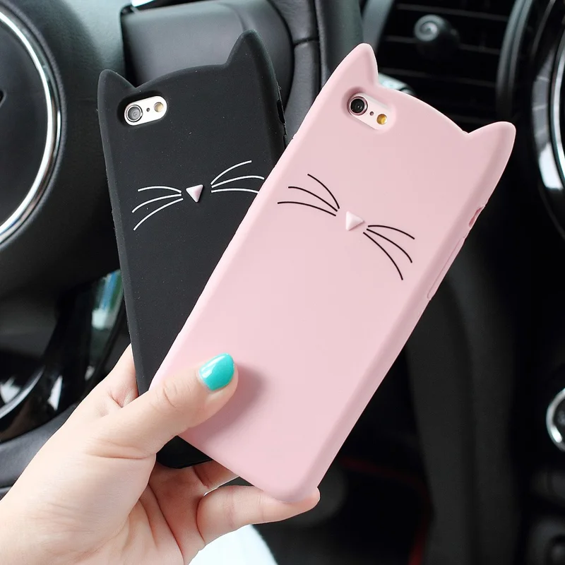 3D Bearded Cat Silicone Soft Cell Phone Cover for iPhone 6s / 6 - Pink