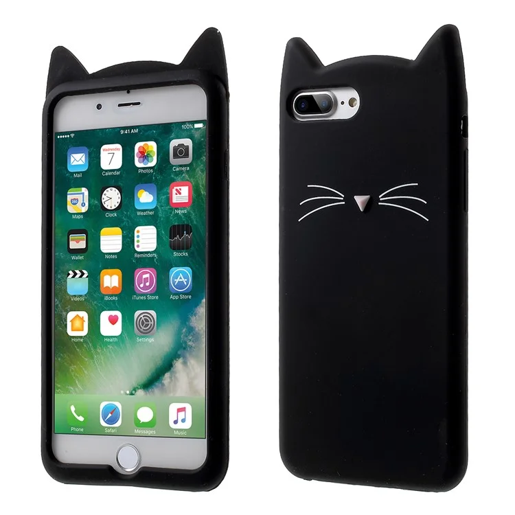 Lovely 3D Moustache Cat Soft Silicone Back Case for iPhone 8 Plus/7 Plus - Black