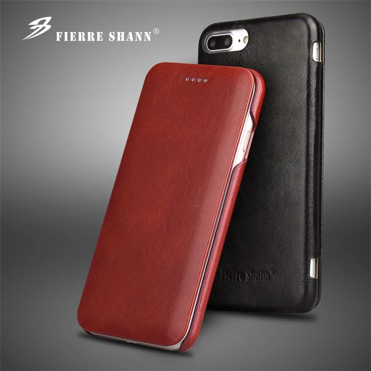 FIERRE SHANN for iPhone 7 Plus 5.5 Full Grain Genuine Leather Flip Mobile Casing - Black