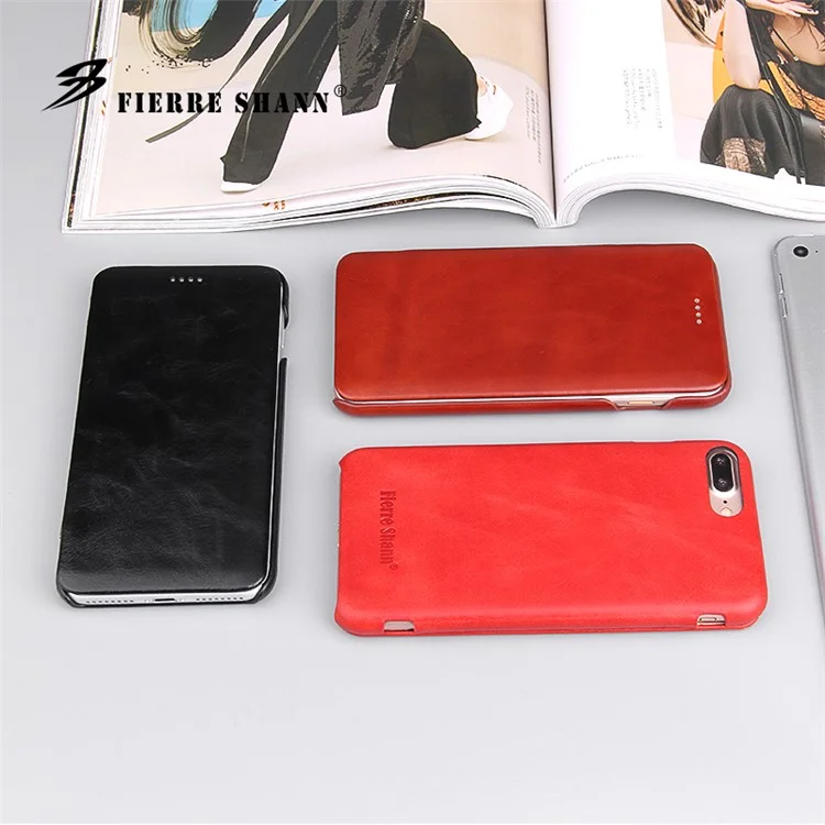 FIERRE SHANN for iPhone 7 Plus 5.5 Full Grain Genuine Leather Flip Mobile Casing - Black