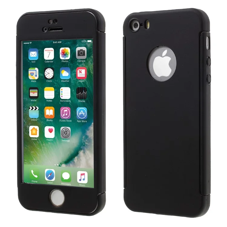 360 Degree Full Protection PC Case + Tempered Glass Screen Protector for iPhone SE / 5s / 5 - Black