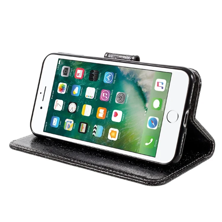Glitter Powder Leather Wallet Phone Case for iPhone 8 / 7 4.7 inch with Stand - Black