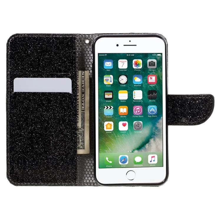 Glitter Powder Leather Wallet Phone Case for iPhone 8 / 7 4.7 inch with Stand - Black